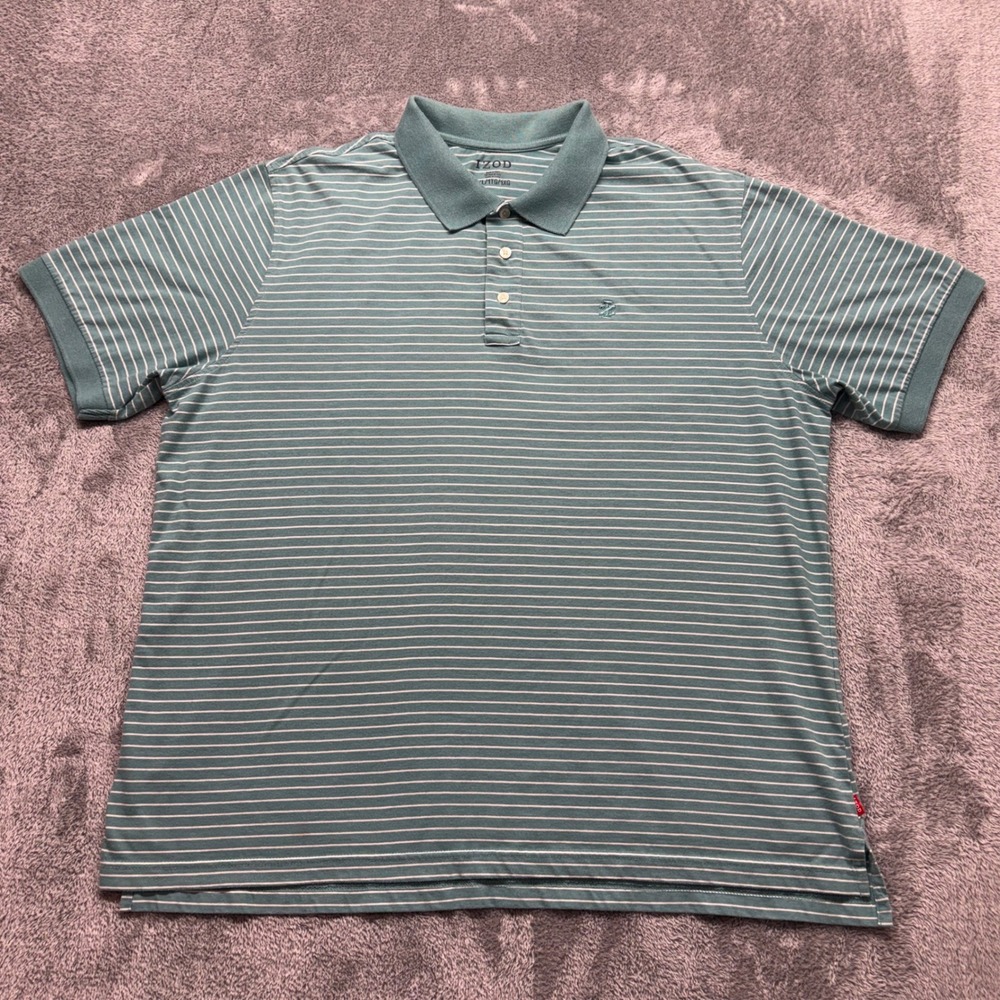 IZOD Polo Shirt Mens 1XL Teal Green White Good Striped Short Sleeve Logo
